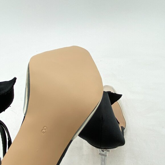 Black Women's Bow Clear Pointed Toe Ankle Strap Crystal Heel Wedding Pumps - Picture 5 of 6